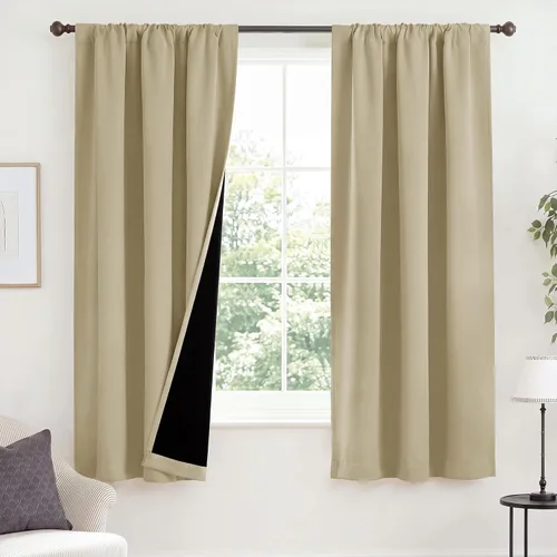 Vista 116 de NICETOWN Biscotti Beige 100% Cortinas opacas de 45" de largo para cocina, bolsillo con varilla para sótano completamente opaco, cortinas térmicas