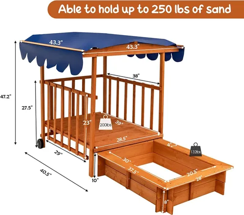 Vista 6 de HONEY JOY Caja de arena 3 en 1 para niños con casa de juegos y toldo, madera de cedro sin fondo para patio trasero con ruedas, barandillas