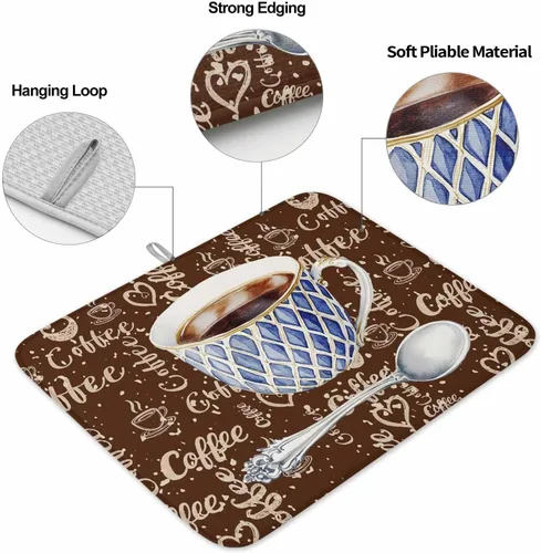 Vista 6 de Tapete de secado de platos con temática de café para encimera de cocina, almohadillas de microfibra para tazas de café, rústicas, estilo rústico