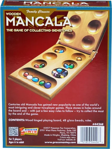 Vista 4 de Pressman Juego de Mesa Mancala Divertido juego clásico para adultos y niños Incluye 48 piedras de Mancala de vidrio y tablero de juego de madera