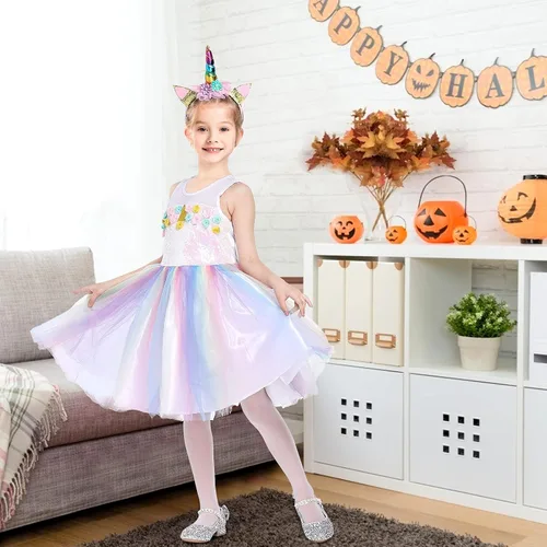 Vista 3 de LIZHOUMIL Disfraz de princesa para niñas pequeñas, disfraz con diadema y alas de arco iris, perfecto para fiestas de cumpleaños