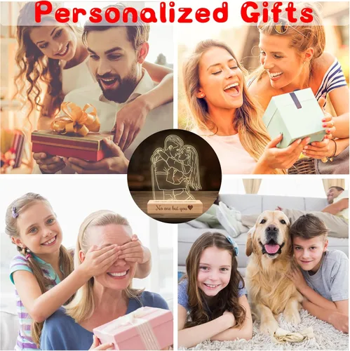 Vista 4 de Lámpara de fotos personalizada de ilusión de retrato 3D, placa grabada con imagen personalizada, luz nocturna con base de madera, lámpara LED