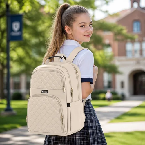Vista 2 de Mochila Kuosdaz para Mujeres, Beige, 15,6 pulg. 15.6 Inch Cute Quilted Laptop Backpack, Large Bookbag for Middle School College Students, Beige