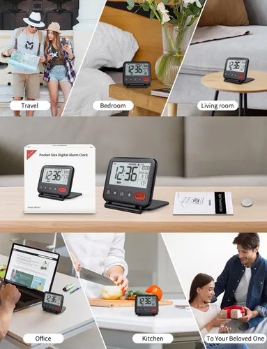 Vista 8 de NOKLEAD Reloj despertador digital de viaje para dormitorio y oficina: pequeño reloj de escritorio LCD con luz de fondo, fecha, temperatura