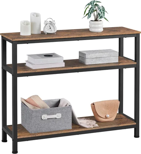 Vista 10 de Yaheetech Mesa de entrada con estantes de almacenamiento, mesa consola de 40 pulgadas con marco de metal, madera detrás del sofá, mesas para Gris