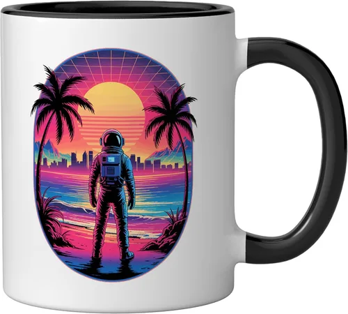 Vista 2 de Vaporwave Synthwave Astronaut Spaceman Science Space Ceramic Mug, Black/White, 11oz