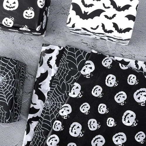 Vista 5 de Whaline Papel de seda de Halloween de calabaza en blanco y negro, 13.8 x 19.7 pulgadas, papel decorativo de regalo para Halloween, truco y trato