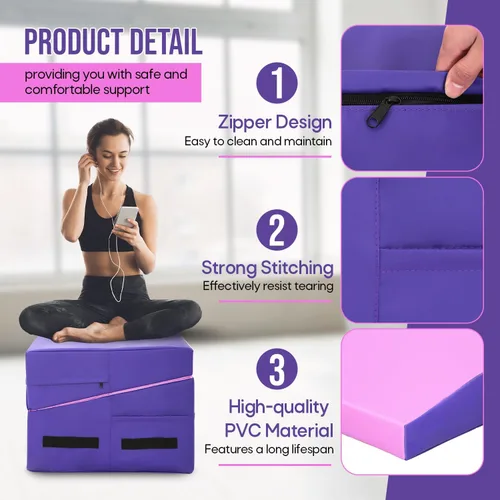 Vista 4 de Colchoneta de gimnasia inclinada, esterilla de yoga para gimnasio en casa, alfombrilla de ejercicio plegable con superficie de poliuretano Rosado