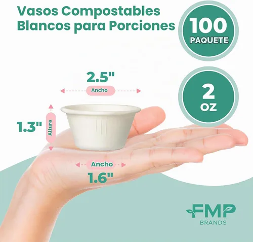 Vista 2 de Fit Meal Prep [Paquete de 100] Vasos desechables compostables para condimentos y muestras de 2 onzas, tazas biodegradables de fibra de bagazo