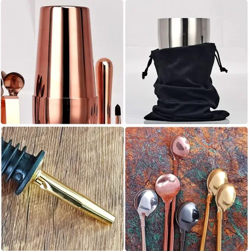 Vista 3 de Kit de coctelera de 17 piezas con soporte, coctelera Boston, cuchara mezcladora, Muddler, jigger medidor, exprimidor de limón, pinzas, sacacorchos