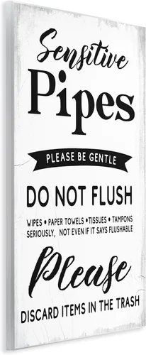 Vista 2 de Stupell Industries Lil' Rue - Placa artística de pared con texto en inglés "Sensitive Pipes Sign Flushing Restrictions", 10 x 15 pulgadas, fácil