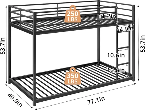 Vista 2 de INCLAKE Litera de tamaño individual sobre individual, base de cama de metal resistente con escalera integrada y riel de protección de seguridad