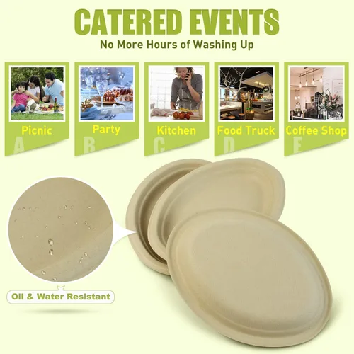 Vista 5 de Green Earth, Platos compostables de 10 pulgadas, 125 unidades, fibras de bambú naturales, vajilla diaria – Biodegradable, desechable, forma ovalada