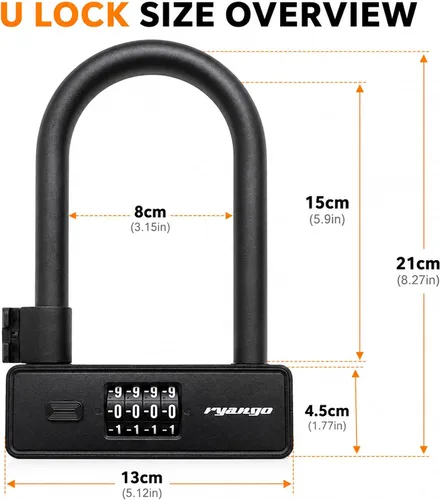 Vista 2 de Bike U Lock Combinación de 4 dígitos antirrobo con cable de acero de 6 pies y soporte