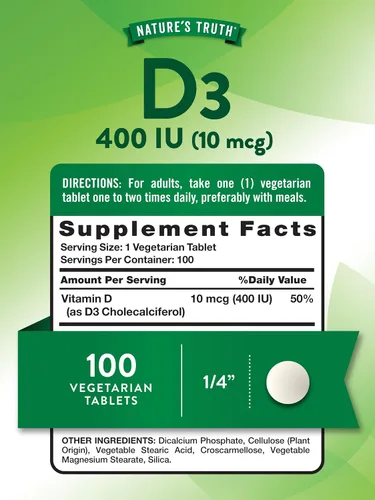 Vista 2 de Vitamina D3 400 iu (10 mcg) 100 tabletas Vegetariano, sin OMG, suplemento sin gluten Por Nature's Truth