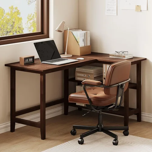 Vista 8 de IOTXY Escritorio de oficina reversible en forma de L, mesa de computadora compacta de 45 pulgadas con estantes de almacenamiento, patas de madera