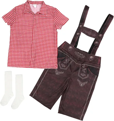 Vista 5 de IDOPIP Disfraz de Oktoberfest para niños, pantalones cortos de Lederhosen bávaros alemanes con camisa a cuadros, calcetines para niños, Halloween