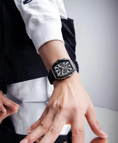 Vista 8 de Paras - Reloj de pulsera para hombre Tonneau impermeable para hombre, cronógrafo de lujo, analógico, con correa de silicona y fecha, Plata, oro