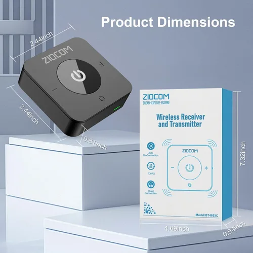 Vista 7 de ZIOCOM Transmisor Bluetooth para TV, adaptador Bluetooth inalámbrico para TV/PC/altavoz/estéreo doméstico (óptico, auxiliar de 0.1 in, RCA)
