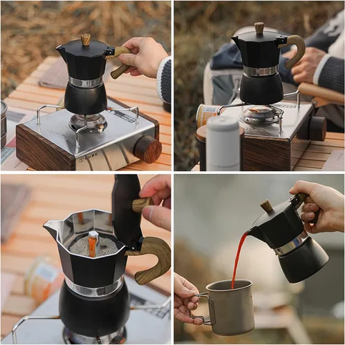Vista 3 de Moka - Cafetera de café italiano, cafetera italiana, cafetera de 6 tazas/10 onzas, estufa de aluminio, cafetera para camping, cafetera cubana manual