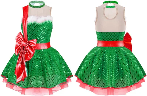 Vista 3 de TiaoBug Vestido de baile de Navidad con lentejuelas brillantes para niños y niñas, disfraz de Papá Noel, vestido de tutú de ballet, vestido