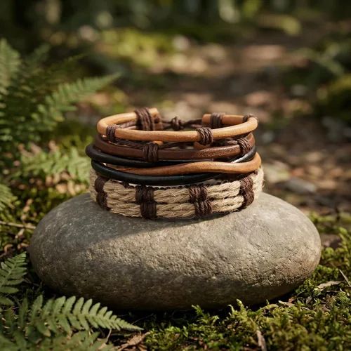 Vista 6 de Goufaju 3 pulseras de cuero vintage para hombres y mujeres, ajustables, pulseras de cuero trenzadas multicapa de cuero marrón