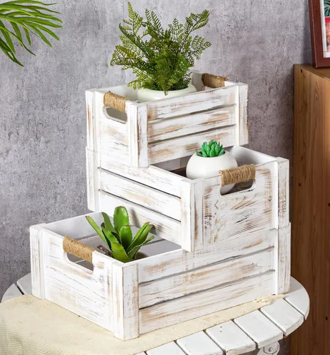 Vista 12 de TIMRIS Juego de 3 cajas de madera rústica envejecida anidables, cajas de almacenamiento de madera decorativas de estilo granja, cestas de madera