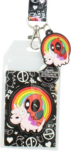 Vista 2 de Bioworld Marvel Deadpool Chibi - Soporte para identificación con colgante de goma de unicornio y arco iris y calcomanía coleccionable
