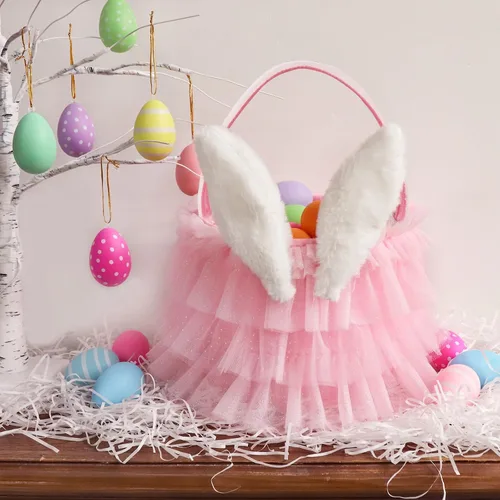 Vista 2 de Bunny Chorus Canasta de Pascua tutú, tul brillante con volantes rosados con orejas de conejo, regalos de fiesta temática de Pascua, regalos