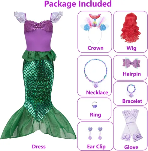 Vista 2 de Oumbivil Mermaid Ariel Costume for Grils Princess Dress Cosplay Birthday Party Halloween Costumes with Wig and Accessories