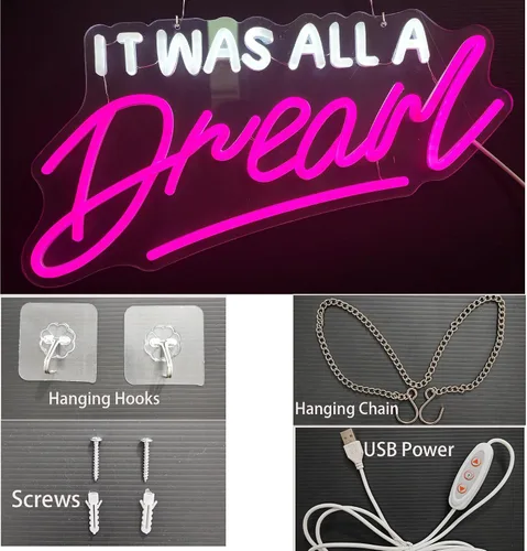 Vista 3 de Letrero de neón con texto en inglés "It was All A Dream" para dormitorio, letrero de neón LED para pared, hecho a mano, luz de neón con regulador