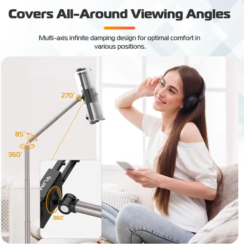 Vista 4 de VIJIM Soporte de piso para tableta, soporte de teléfono para grabación, soporte ajustable para teléfono celular y tableta para piso, compatible