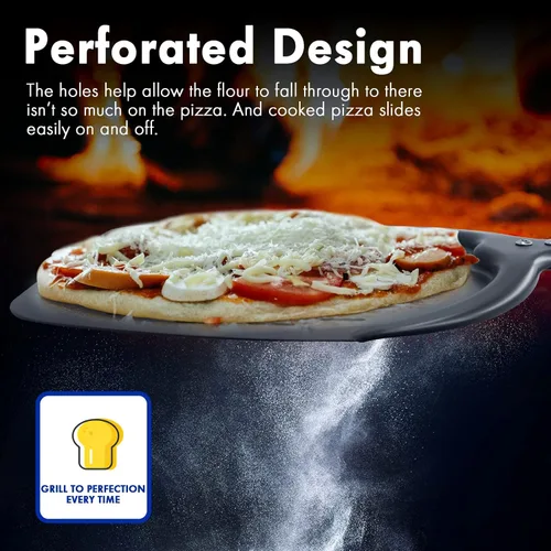 Vista 3 de Paleta de pizza profesional de aluminio, perforada de 12 pulgadas, grado de restaurante, mango largo, antiadherente, cáscara de pizza de metal