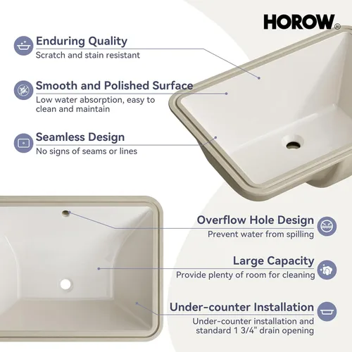 Vista 2 de HOROW Lavabo de Baño Rectangular para Montaje Inferior, Lavabo Rectangular de Vasija de 20 x 15 Pulgadas con Rebosadero, Lavabo de Cerámica Blanca