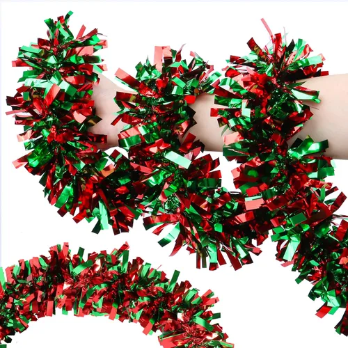Vista 13 de Guirnalda de Navidad de 50 pies de rojo y verde con adornos de hombre de jengibre, guirnalda metálica gruesa y brillante para árbol, chimenea