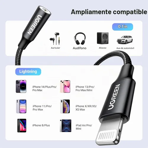Vista 5 de UGREEN - Adaptador de auriculares para iPhone, Lightning a conector de 3,5 mm, con certificación Apple MFi, dongle de audio auxiliar compatible