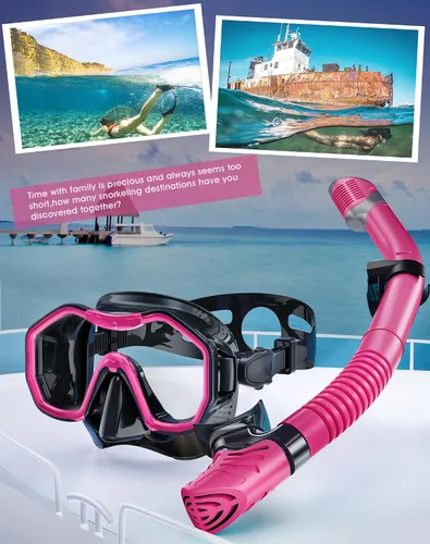 Vista 7 de Equipo de esnórquel para adultos y niños, juego de esnórquel seco con vista panorámica de 180°, máscara de buceo con visión panorámica de 180°