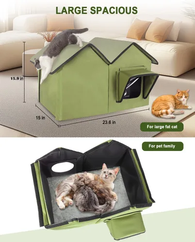 Vista 4 de Casa para gatos al aire libre, casa grande para gatos al aire libre, resistente a la intemperie con base elevada, refugio para gatos al aire libre