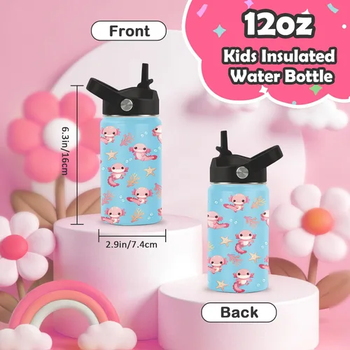 Vista 3 de Axolotl - Botella de agua de 12 onzas con tapa con pajilla, botella de agua de acero inoxidable con diseño de ajolotes para niñas, taza aislada