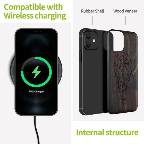 Vista 9 de Carveit Funda magnética de madera para iPhone 12 [madera real dura y TPU suave] a prueba de golpes, funda protectora híbrida única y elegante