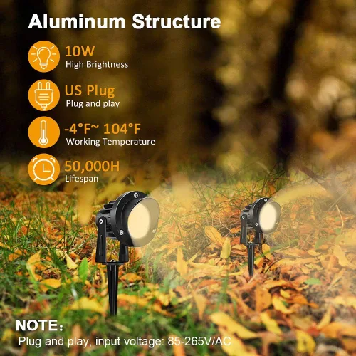 Vista 2 de Romwish Focos LED de paisaje de 120 V, focos exteriores de 10 W para patio, luz blanca cálida de 3000 K, luz de punto de 120 V CA con pico