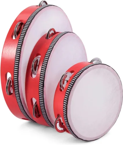 Vista 18 de Flexzion Pandereta de madera de mano para adultos de 6 pulgadas, doble fila de 8 pares de jingles (rojo) - Instrumento musical de pandereta redonda