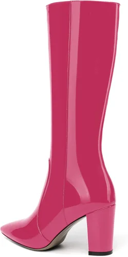 Vista 140 de AMBELIGHT Botas altas hasta la rodilla con cremallera y puntera puntiaguda para mujer, de patente sólida, tacón alto, 3.3 pulgadas
