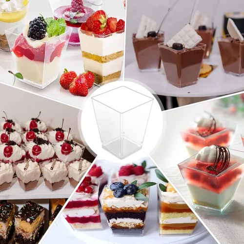 Vista 7 de Paquete de 100 tazas de postre con cucharas, vasos de postre de plástico, 5 onzas, cuadrado transparente