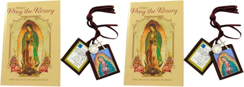 Vista 4 de Juego de regalo de libro de rosario tradicional de Escapulario Marrón Nuestra Señora de Guadalupe Incluye guía devocional, recuerdo religioso