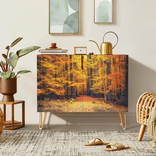 Vista 3 de SIGNWIN Aparador Buffet Gabinete, Armario de Almacenamiento de Cocina con 2 Puertas, Árbol Vibrante Naranja de Otoño Bosque, Mesa Consola Alacena