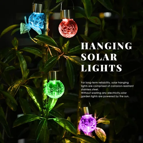 Vista 8 de Solpex Luces solares colgantes al aire libre, paquete de 8 luces decorativas de bola de vidrio agrietado, iluminación solar impermeable, luces