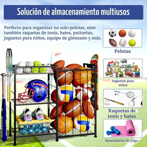 Vista 7 de Organizador de equipo deportivo, estante de almacenamiento de pelotas con correas elásticas y canasta removible para organización de garaje