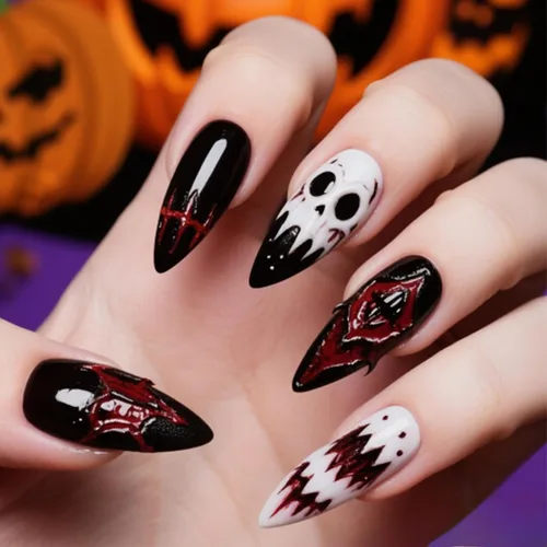Vista 19 de Paquete de 6 144 uñas acrílicas de Halloween a presión, uñas postizas reutilizables de cobertura completa, uñas postizas adhesivas con pegamento