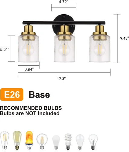 Vista 5 de Ldeco Luces de tocador de 3 luces para baño, lámpara de baño negra y dorada con pantalla de vidrio transparente de burbujas, luces modernas